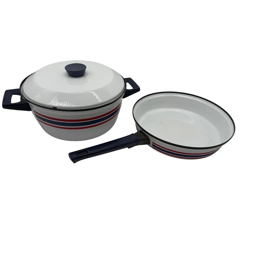 Vintage Club Celebration Norway Enamel Cookware Set White Red Blue Stripes 2pc